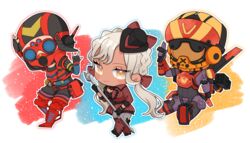  1boy 2girls \m/ absurdres animification apex_legends assault_visor birthright_valkyrie black_gloves black_headwear bootlegger_loba boots bow breasts brown_eyes chibi cleavage dark-skinned_female dark_skin finger_gun fingerless_gloves gloves goggles hair_behind_ear hairbow head-mounted_display head_tilt helmet highres holding holding_staff jacket loba_(apex_legends) looking_at_viewer mechanical_legs mechanical_wings missile_pod multiple_girls natori_nato octane_(apex_legends) red_bow red_footwear red_jacket red_vest smile staff valkyrie_(apex_legends) vest white_hair wings 