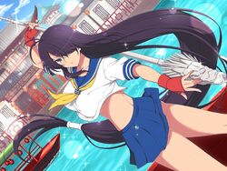  absurdly_long_hair antenna_hair architecture ascot ass balcony blue_eyes blue_skirt blue_sky blush boat breasts building canal cloud collarbone commentary crossover day east_asian_architecture english_commentary female fingerless_gloves gloves guan_dao hair_over_one_eye holding holding_polearm holding_weapon ikkitousen kan&#039;u_unchou lantern large_breasts light_particles long_hair looking_at_viewer low-tied_long_hair median_furrow microskirt midriff official_art outdoors paper_lantern pleated_skirt polearm purple_hair railing red_gloves river school_uniform senran_kagura senran_kagura_new_link shiny_skin short_sleeves skirt sky solo sparkle tan third-party_source tower underboob very_long_hair water watercraft weapon yaegashi_nan yellow_ascot 