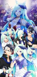  1boy alternate_costume animal_ears bad_id bad_pixiv_id black-framed_eyewear black_hair black_jacket blue_hair bow bowtie breasts brynhildr_(fate) chibi chibi_inset choker cleavage commentary_request cosplay daiwa_scarlet_(umamusume) daiwa_scarlet_(umamusume)_(cosplay) fate/grand_order fate_(series) female glasses gym_uniform hair_ornament hair_scrunchie horse_ears horse_girl horseshoe_ornament jacket jacket_on_shoulders lapis429 long_hair medium_breasts miniskirt multicolored_hair multiple_views pleated_skirt ponytail purple_choker purple_eyes purple_scarf purple_wristband red_shorts sailor_collar sailor_shirt scarf school_uniform scrunchie semi-rimless_eyewear shirt shorts signature sigurd_(fate) sigurd_(memories_with_my_lover)_(fate) skirt summer_uniform tracen_school_uniform two-tone_hair umamusume under-rim_eyewear very_long_hair white_hair white_shirt white_skirt 