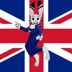  1:1 anthro austin_powers barefoot cerebral_knievel clothed clothing disney ear_markings facial_markings feet fully_clothed fur grey_body grey_fur head_markings hi_res humor jack_savage lagomorph leporid mammal markings open_mouth open_smile pun rabbit smile solo visual_pun zootopia 