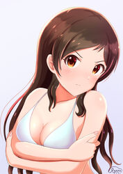  absurdres bikini blush breasts brown_eyes brown_hair cleavage closed_mouth collarbone commentary_request crossed_arms female highres idolmaster idolmaster_million_live! idolmaster_million_live!_theater_days kitazawa_shiho long_hair looking_at_viewer parted_bangs runmo77 simple_background small_breasts solo sweat swimsuit upper_body white_background white_bikini 