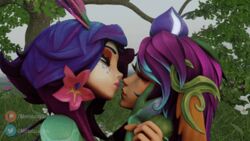  16:9 3d_(artwork) 3d_animation accessory animated anthro bite biting_lip digital_media_(artwork) duo female female/female flower flower_in_hair grass grass_field green_body green_sclera green_skin hair hair_accessory holding_face kiss_on_lips kissing league_of_legends lillia_(lol) lips loop low_res metalslay3rs nature nature_background neeko_(lol) outside pink_lips plant purple_hair riot_games scalie short_playtime taur tencent tree widescreen yellow_eyes 