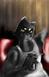  9:14 anthro beverage_can black_body black_fur cigarette clothing domestic_cat drinking felid feline felis fur furniture haarbundel hi_res kittycat_laz male mammal muscular red_sofa shirt smoking smoking_tobacco smug sofa solo tank_top topwear 