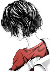  akegata_tobari commentary_request female from_behind gloves high_contrast highres kaban_(kemono_friends) kemono_friends monochrome nape neck_focus partially_colored red_shirt shirt short_hair short_sleeves solo wavy_hair 