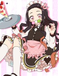  alternate_costume apron asa_no_ha_(pattern) bit_gag black_dress black_footwear black_hair black_ribbon commentary dango dress dress_shirt female fingernails floating food food_in_mouth frilled_apron frilled_dress frills gag hair_ribbon holding holding_tray ice_cream kamado_nezuko kimetsu_no_yaiba long_fingernails long_hair long_sleeves looking_at_viewer maid_headdress mary_janes medium_dress mouth_hold multicolored_hair neck_ribbon pink_apron pink_eyes pink_hair pink_ribbon ribbon sakuragi_mochi sanshoku_dango shirt shoes socks solo sundae sweets_paradise tray two-tone_hair very_long_hair wagashi waist_apron waitress white_shirt white_socks 