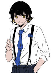  1boy bachira_meguru black_hair blue_lock blunt_bangs commentary_request hand_in_pocket looking_at_viewer male_focus multicolored_hair necktie shirt short_hair simple_background smile solo standing suspenders tarou_(run) two-tone_hair white_background white_shirt yellow_eyes 