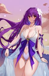  absurdres ass_visible_through_thighs bead_bracelet beads bracelet breasts closed_mouth dress fate/grand_order fate_(series) female flower groin hair_between_eyes hair_flower hair_ornament highres jewelry large_breasts long_hair navel one-piece_swimsuit paradox_(parapa) purple_hair red_eyes scathach_(fate) scathach_skadi_(fate) scathach_skadi_(swimsuit_ruler)_(fate) scathach_skadi_(swimsuit_ruler)_(third_ascension)_(fate) skirt_hold solo sunset swimsuit thighs very_long_hair white_dress white_flower white_one-piece_swimsuit 