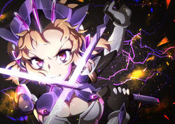  absurdres armor bad_id bad_pixiv_id blonde_hair breasts cleavage clenched_teeth commentary_request dual_wielding electricity female glowing glowing_weapon headgear highres holding looking_at_viewer purple_eyes senki_zesshou_symphogear senki_zesshou_symphogear_xd_unlimited short_hair solo sword tachibana_hibiki_(symphogear) tachibana_hibiki_(symphogear)_(another) teeth tsurime weapon yukitsuba_hina 