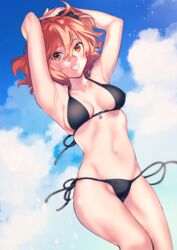  :d alternate_costume armpits arms_up bikini black_bikini black_scrunchie blue_sky breasts brown_eyes cleavage cloud collarbone commentary_request day fate/grand_order fate_(series) female fujimaru_ritsuka_(female) hair_between_eyes hair_ornament hair_scrunchie highres long_hair medium_breasts navel open_mouth orange_hair outdoors scrunchie side-tie_bikini_bottom side_ponytail sideboob sky smile solo sparkle swimsuit uni_(nico02) 