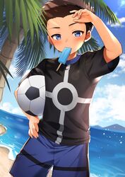  1boy ball beach blue_eyes blue_sky borrowed_character brown_hair cloud cloudy_sky commentary_request commission day food freckles holding holding_ball lolicon looking_at_viewer male_focus original outdoors popsicle shore short_hair shorts skeb_commission sky soccer_ball solo sportswear standing utsunomiya_hetaru volleyball_uniform water 