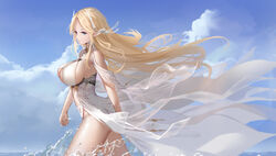  absurdres azur_lane blonde_hair blue_eyes blue_sky breasts brest_(azur_lane) chinese_commentary clothing_cutout cloud cloudy_sky dress female from_side highleg highleg_leotard highres huge_breasts huijin_zhi_ling leotard long_dress long_hair pointy_ears revealing_clothes see-through sky sleeveless sleeveless_dress solo underboob_cutout underwear very_long_hair walking water white_dress white_leotard wings 