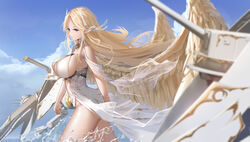  absurdres artillery azur_lane blonde_hair blue_eyes blue_sky breasts brest_(azur_lane) chinese_commentary clothing_cutout cloud cloudy_sky dress feathered_wings female from_side highleg highleg_leotard highres huge_breasts huijin_zhi_ling leotard long_dress long_hair outdoors pointy_ears revealing_clothes rigging see-through sky sleeveless sleeveless_dress solo turret underboob_cutout underwear very_long_hair walking water white_dress white_leotard wings yellow_wings 