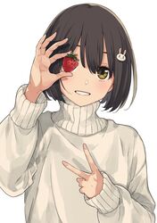  blush bob_cut brown_hair commentary_request female fingernails food fruit hair_ornament highres holding holding_food imigimuru kono_bijutsubu_niwa_mondai_ga_aru! light_blush long_fingernails parted_lips rabbit_hair_ornament short_hair simple_background smile solo strawberry sweater usami_mizuki v white_background white_sweater yellow_eyes 