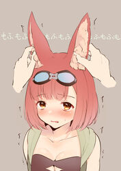  animal_ear_fluff animal_ears blush breasts brown_hair calm_mashiro cleavage disembodied_hand ear_fondling female goggles goggles_on_head hound_(sekaiju) hound_2_(sekaiju) medium_breasts playing_with_another&#039;s_ears pov rabbit_ears sekaiju_no_meikyuu sekaiju_no_meikyuu_5 short_hair solo_focus upper_body yellow_eyes 