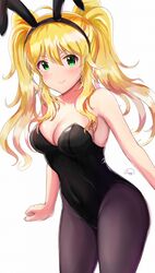  absurdres animal_ears armor black_pantyhose blonde_hair breasts cleavage commentary_request fake_animal_ears faulds female floating_hair green_eyes hair_between_eyes highres hoshii_miki idolmaster idolmaster_(classic) leotard long_hair long_sleeves looking_at_viewer medium_breasts pantyhose playboy_bunny rabbit_ears runmo77 simple_background solo standing white_background 