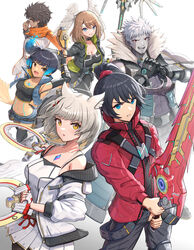  3boys 3girls :d absurdres black_hair blue_eyes breast_tattoo breasts brown_hair chakram chest_jewel crop_top eunie_(xenoblade) fur_collar glasses gonzarez grey_hair head_wings highres jacket lanz_(xenoblade) large_breasts leaning_forward long_scarf medium_breasts mio_(xenoblade) multiple_boys multiple_girls muscular muscular_male noah_(xenoblade) orange_scarf own_hands_together red_jacket scarf sena_(xenoblade) smile staff sword taion_(xenoblade) tattoo veiled_sword_(xenoblade) weapon white_hair wings xenoblade_chronicles_(series) xenoblade_chronicles_3 