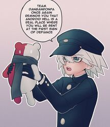  1boy :d black_gloves black_headwear black_jacket black_scarf blush cheer_(cheerpuppy14) commentary danganronpa_(series) danganronpa_v3:_killing_harmony english_text glados gloves gradient_background grey_background grey_hair hands_up hat highres holding holding_person jacket k1-b0 long_sleeves male_focus monotaro_(danganronpa) open_mouth portal_(series) scarf short_hair smile speech_bubble stuffed_animal stuffed_toy sweat teddy_bear teeth upper_body upper_teeth_only 