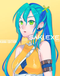  absurdres aqua_hair armband blue_hair breasts character_name cosplay ear_piercing earrings english_commentary female green_eyes hair_between_eyes hair_ornament highres indie_virtual_youtuber jewelry looking_at_viewer multicolored_hair open_mouth piercing saki.exe saki.exe_(artist) shino_kana shino_kana_(cosplay) small_breasts solo tied_hair twitter_username upper_body virtual_youtuber wrench x_hair_ornament yellow_background 