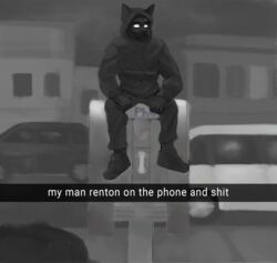  2020 anthro balaclavacat bottomwear clothed clothing death_grips detailed_background digital_media_(artwork) english_text fur greyscale hi_res looking_at_viewer male meme monochrome outside painting profanity sitting snapchat solo text topwear 