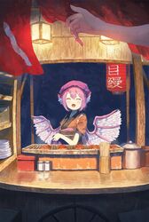  ^_^ animal_ear_fluff animal_ears bird_ears bird_wings blush brown_kimono closed_eyes commentary facing_viewer feathered_wings female fingernails fish_(food) fjsmu food food_stand grilled_eel head_scarf highres holding japanese_clothes kimono lantern long_fingernails meat mystia_lorelei night noren obi official_alternate_costume okamisty open_mouth out_of_frame paper_lantern pink_hair plate pov pov_hands sash short_hair short_sleeves smile solo_focus tasuki touhou upper_body white_wings wings wooden_lantern yatai 