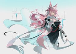  animal_ear_fluff animal_ears arknights black_dress breasts cape cleavage closed_eyes closed_mouth cropped_legs dress facing_viewer female gradient_background hairband heqing highres impossible_clothes impossible_dress large_breasts long_hair long_sleeves official_alternate_costume pantyhose pink_hair pozyomka_(arknights) pozyomka_(snowy_plains_in_words)_(arknights) smile solo tail very_long_hair white_background white_cape white_hairband white_pantyhose wolf_ears wolf_girl wolf_tail 