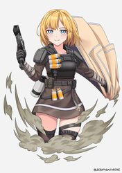  apex_legends armor artist_name bangalore_(apex_legends) bangalore_(apex_legends)_(cosplay) black_gloves blonde_hair blue_eyes bob_cut closed_mouth cosplay female gloves grey_background gun handgun highres holding holding_clothes holding_gun holding_weapon hololive hololive_english long_sleeves looking_at_viewer re-45_auto seraphim_throne short_hair simple_background smile smoke solo thighhighs virtual_youtuber watson_amelia weapon 