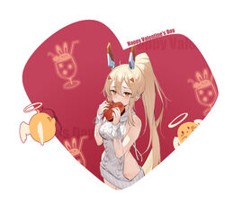  &gt;_&lt; aiming alternate_costume ayanami_(azur_lane) azur_lane backless_dress backless_outfit bare_shoulders blonde_hair blush bow_(weapon) box breasts cherry creature cup dress drinking_glass female flying food fruit gift grey_dress grey_sweater hair_between_eyes halo happy_valentine headgear heart heart-shaped_box highres holding holding_gift long_hair looking_at_viewer manjuu_(azur_lane) medium_breasts meme_attire ootsuki_momiji orange_eyes ponytail sideboob sidelocks sleeveless sleeveless_dress sweater sweater_dress very_long_hair virgin_killer_sweater weapon wings wristband 