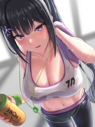  bare_shoulders black_hair black_pants blue_archive blurry blurry_background blush bottle breasts cleavage collarbone crop_top dot_nose earbuds earphones female hair_between_eyes hair_ornament highres holding large_breasts light_blush long_hair looking_at_viewer midriff navel pants ponytail purple_eyes see-through see-through_sports_bra silver_bullet_(ecc12_8) solo sports_bra sportswear stomach sumire_(blue_archive) sweat sweaty_clothes tight_clothes tight_pants towel very_sweaty wet wet_bra wet_clothes wet_hair white_sports_bra wiping_sweat wristband yoga_pants 