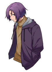  1boy blue_lock closed_mouth commentary_request hands_in_pockets jacket looking_at_viewer male_focus mikage_reo open_clothes open_jacket profile purple_eyes purple_hair short_hair simple_background solo sweater tarou_(run) turtleneck turtleneck_sweater upper_body white_background 