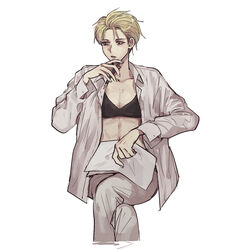  alternate_costume androgynous bad_id bad_twitter_id blonde_hair blue_eyes bra breasts female highres jacket looking_away nanaba open_clothes open_shirt pants paper pen pi0w0pi reverse_trap shingeki_no_kyojin shirt short_hair small_breasts solo undercut underwear unworn_jacket white_background white_pants 