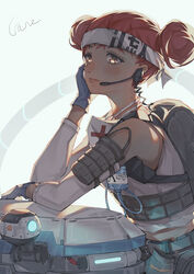  absurdres animification apex_legends backpack bag belt blue_gloves brown_eyes brown_hair d.o.c._health_drone dark-skinned_female dark_skin detached_sleeves double_bun drone female gloves grey_belt hair_behind_ear hair_bun headset highres lifeline_(apex_legends) looking_down mask mask_around_neck qizhongji red_hair science_fiction solo 