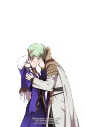  blush byleth_(fire_emblem) byleth_(male)_(fire_emblem) cape circlet closed_eyes coat commentary couple dannex009 dress english_commentary enlightened_byleth_(male) female fire_emblem fire_emblem:_three_houses green_hair highres jewelry kissing long_hair long_sleeves lysithea_von_ordelia official_alternate_costume patreon_username purple_dress sidelocks straight tassel tiara transparent_background veil white_cape white_hair 