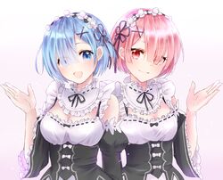  2girls :d black_ribbon black_sleeves blue_eyes blue_hair bow breasts chii_(sbshop) cleavage closed_mouth detached_collar eyes_visible_through_hair flower frilled_sleeves frills hair_flower hair_ornament hair_ribbon head_wreath highres long_sleeves looking_at_viewer medium_breasts multiple_girls neck_ribbon open_mouth pink_hair purple_ribbon ram_(re:zero) re:zero_kara_hajimeru_isekai_seikatsu red_eyes rem_(re:zero) ribbon roswaal_mansion_maid_uniform short_hair siblings simple_background sisters small_breasts smile standing underbust upper_body white_background white_bow white_flower x_hair_ornament 