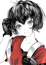  akegata_tobari closed_mouth commentary_request female gloves hand_in_own_hair high_contrast highres kaban_(kemono_friends) kemono_friends looking_at_viewer monochrome partially_colored red_shirt shirt short_hair short_sleeves smile solo upper_body wavy_hair 