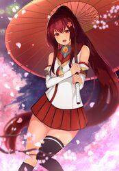  bad_id bad_twitter_id brown_hair cherry_blossoms detached_sleeves feet_out_of_frame female headgear highres hip_vent kantai_collection long_hair looking_at_viewer oil-paper_umbrella pleated_skirt ponytail red_eyes red_skirt red_umbrella shiina_aoi single_thighhigh skirt smile solo standing thighhighs umbrella yamato_(kancolle) z_flag 