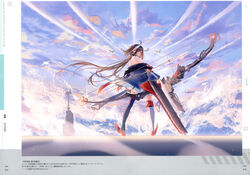  absurdres ahoge aircraft airplane artist_name asymmetrical_legwear atdan azur_lane bare_shoulders black_legwear blue_sky bow_(weapon) brown_hair cloud cloudy_sky day female from_behind fur_trim gloves hair_ornament hairband highres holding holding_bow_(weapon) holding_weapon independence_(azur_lane) long_hair long_sleeves looking_at_viewer looking_back off_shoulder official_art outdoors page_number red_eyes red_footwear scan shoes sky solo standing thighhighs tied_hair very_long_hair water water_drop weapon 