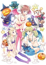  3girls absurdres aranya_(atelier) atelier_(series) atelier_rorona bandages between_legs bikini blue_bikini blue_eyes blue_thighhighs blue_wings blush breasts brown_hair candle commentary_request control_bar cuderia_von_feuerbach demon_horns demon_tail demon_wings feline full_body green_eyes halloween halloween_costume hand_between_legs hat highres horns horoholo_(atelier) kishida_mel lionela_heinze long_hair looking_at_another marionette medium_breasts multiple_girls official_art open_mouth pink_bikini pink_thighhighs pink_wings pumpkin pumpkin_on_head puppet purple_bikini purple_eyes purple_thighhighs purple_wings rororina_fryxell seiza short_hair side-tie_bikini_bottom sidelocks sitting small_breasts smile star_(symbol) sterkenburg_cranach swimsuit tail thighhighs twintails v white_background wings 