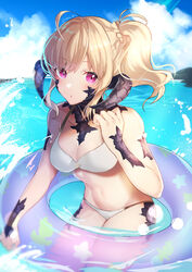  au_ra bare_shoulders bikini blonde_hair blue_sky braid breasts cleavage closed_mouth cloud cloudy_sky commentary_request curled_horns day dragon_horns female final_fantasy final_fantasy_xiv groin hair_between_eyes highres horns innertube kgr looking_at_viewer medium_breasts navel outdoors ponytail purple_eyes scales sky solo stomach swim_ring swimsuit twitter_username warrior_of_light_(ff14) water white_bikini 