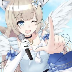  animal_ear_fluff animal_ears asymmetrical_clothes blonde_hair blue_eyes blunt_bangs choker clock_hands clock_pendant dress empireo female flower fox_ears fox_girl fox_tail gloves hair_flower hair_ornament highres holding holding_microphone idol idol_clothes microphone music one_eye_closed prism_project singing single_glove solo stage tail tokimori_aoi virtual_youtuber white_dress white_gloves wings 