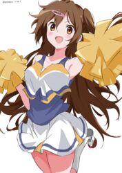  :d absurdres armpits bad_id bad_pixiv_id blue_shirt blue_skirt blush breasts brown_eyes brown_hair cheerleader chuunibyou_demo_koi_ga_shitai! collarbone female hair_ornament hairclip highres large_breasts long_hair looking_at_viewer nibutani_shinka one_side_up open_mouth pom_pom_(cheerleading) shirt simple_background skirt smile socks solo white_background white_gorilla_(okamoto) white_shirt white_skirt white_socks 