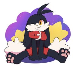  2022 3_toes :3 abstract_background anthro bandai_namco barefoot big_collar black_body black_fur clothed clothing collar collar_over_shoulder digital_media_(artwork) domestic_cat feet felid feline felis fur hi_res klonoa klonoa_(series) male mammal one_eye_closed oob oversized_collar pawpads pink_pawpads plantigrade sitting soles solo toes toony topless yellow_eyes young 