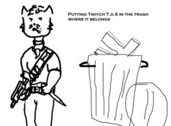  ammo_belt anthro black_body black_fur domestic_cat english_text felid feline felis fur kittycat_laz knife male mammal monochrome solo text trash_can twitch.tv 