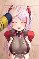  :d ^_^ absurdres azur_lane breasts buttons closed_eyes commander_(azur_lane) commentary double-breasted english_commentary female headpat highres large_breasts looking_at_viewer mole mole_on_breast multicolored_hair open_mouth pov prinz_eugen_(azur_lane) red_hair sideboob smile upper_body white_hair whitter 