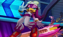  absurd_res amy_rose avian bird blue_eyes clothed clothing cranihum eulipotyphlan female gesture group hand_gesture hedgehog hi_res hirundinid looking_at_viewer male mammal navel open_mouth open_smile oscine passerine sega shadow_the_hedgehog smile smiling_at_viewer sonic_riders sonic_the_hedgehog_(series) swallow_(bird) trio v_sign wave_the_swallow 