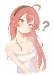  :/ ? ahoge black_hairband blush breasts camisole cleavage collarbone commentary cropped_torso eris_greyrat female hairband head_tilt highres long_hair looking_at_viewer medium_breasts mushoku_tensei red_eyes root_(1732050807point) simple_background solo strap_slip white_background white_camisole 