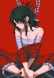  bandaged_arm bandages bare_shoulders barefoot black_hair bow breasts butterfly_sitting cleavage closed_eyes closed_mouth collarbone female frilled_bow frilled_hair_tubes frills full_body hair_tubes hairbow hakurei_reimu highres long_hair noriuma red_background red_bow red_skirt sarashi shirt_partially_removed sitting skirt solo touhou 