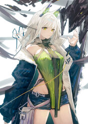  absurdres animal_ears arknights blue_coat blue_shorts blunt_bangs breasts cat_ears closed_mouth coat commentary_request dress female green_dress green_eyes highres kal&#039;tsit_(arknights) kal&#039;tsit_(remnant)_(arknights) long_sleeves medium_breasts medium_hair mon3tr_(arknights) nian962464 official_alternate_costume rhodes_island_logo_(arknights) shorts sidelocks sleeveless sleeveless_dress solo white_hair 