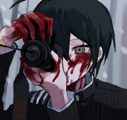  1boy ahoge black_hair black_jacket blood blood_on_face blood_on_hands brown_eyes camera collared_jacket commentary danganronpa_(series) danganronpa_v3:_killing_harmony eyelashes hair_between_eyes holding holding_camera jacket long_sleeves male_focus nekor0id one_eye_covered pinstripe_jacket pinstripe_pattern portrait ringed_eyes saihara_shuichi short_hair simple_background solo striped_clothes striped_jacket 