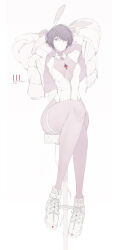  animal_ears arms_behind_head bar_stool bow bowtie breasts detached_collar fake_animal_ears fake_tail highres jacket looking_at_viewer open_clothes open_jacket original playboy_bunny purple_hair rabbit_ears red_eyes shoes short_hair simple_background sitting sneakers solo stool tail thigh_strap ub1mo white_background 