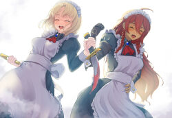  2girls :d ahoge alternate_costume apron black_dress blonde_hair blood blood_on_weapon braid closed_eyes dark-skinned_female dark_skin dress enmaided frilled_apron frills hand_on_own_hip holding holding_knife juliet_sleeves knife kokubyaku_no_avesta long_hair long_sleeves maid maid_apron maid_headdress multiple_girls okina_(805197) prosthesis prosthetic_arm puffy_sleeves quinn_(kokubyaku_no_avesta) red_hair samrukh_(kokubyaku_no_avesta) shaded_face shinza_bansho_series short_hair smile twin_braids weapon wind wind_lift 